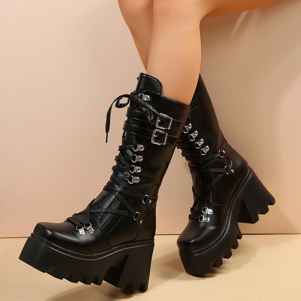 Winter  New Women'S Fashion Mid Tube Boots Lace Up High Platform Wedge Boots New Women'S Fashion Solid Color Boots