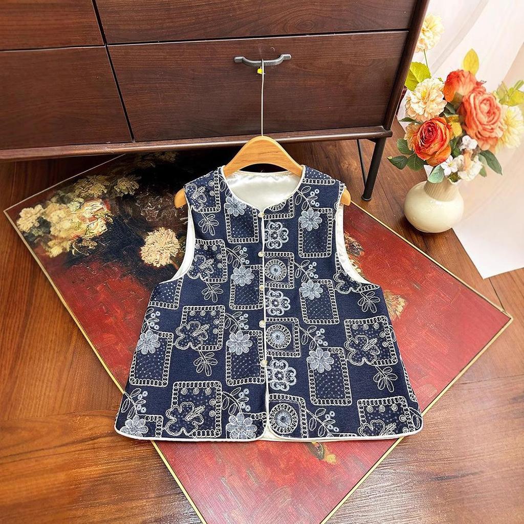 2025 Spring Women's Blue & White Porcelain Embroidered Vest - Sleeveless, Loose Fit