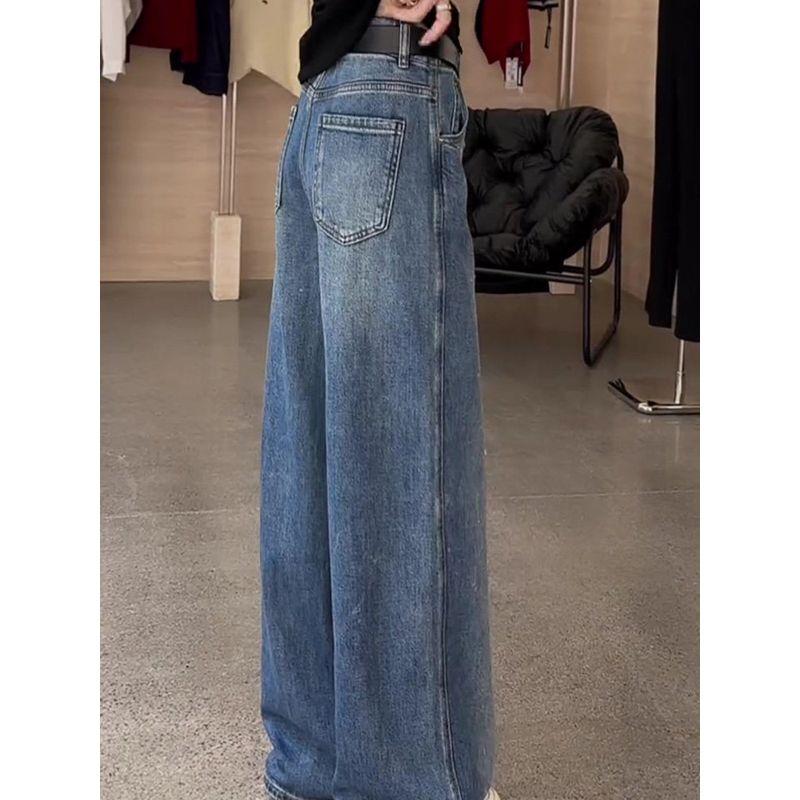 Blue Rhinestone Denim Female Popular This Year New Arrival High Waist Loose Shiny Beautiful All-Matching Straight Loose Pants