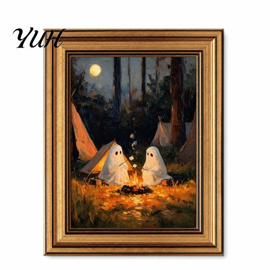 Retro Halloween Decor Vintage Cute Ghost Canvas Wall Art, Spooky 2 Ghosts Campfire Autumn Seasonal Art Hanging Poster, Gothic Decoration for
