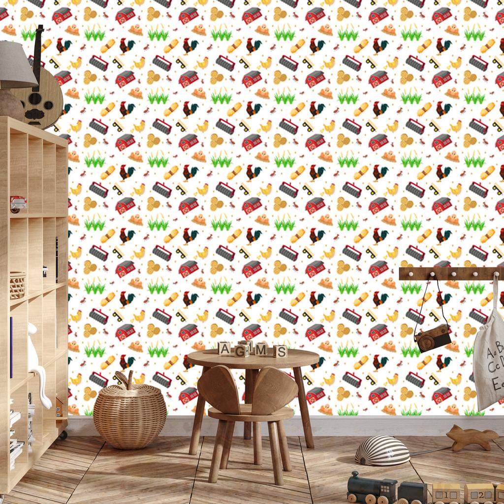Farm Animals Wallpaper White, Cream and Red 50x1000
