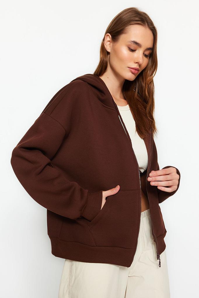 Women's Fashionable Stylish Sweatshirt Stone Oversize Comfortable Cut Basic Hooded Zippered Thick Inside Fleece Knitted Sweatshirt