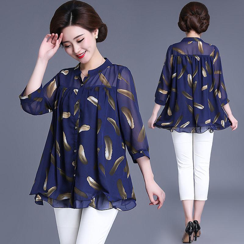 Oversized Blouses Women's Three-quarter Sleeve Top Blouses Chiffon Blouses Loose Round Neck Feather Pattern Sleeve Translucent Off-shoulder Blouses