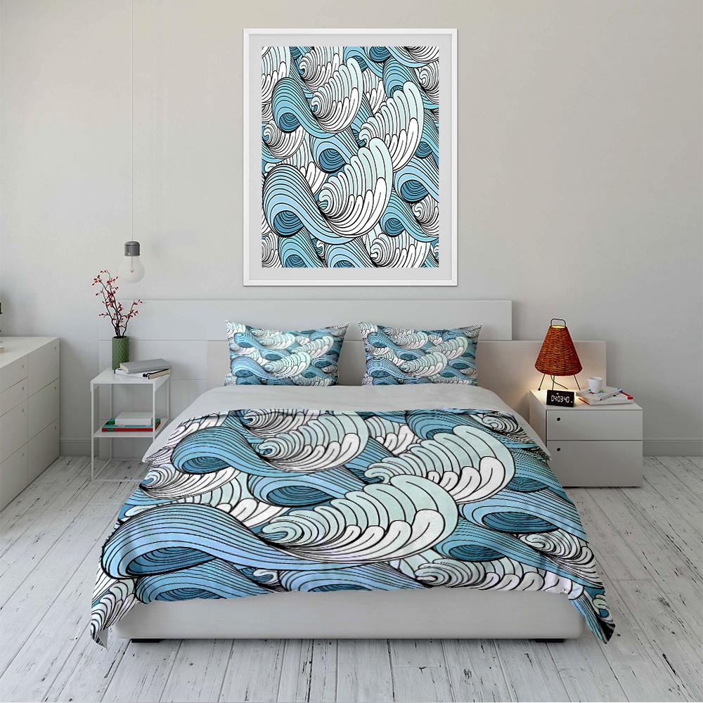 Blue and White Wave Pattern Bedding Set Bedding set (1 duvet cover, 2 pillowcases, duvet not included)