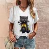 Summer Women's T Shirt Cat Print Casual Short Sleeve 3D T-Shirts Fashion Street Wear V-Neck Pullover Female Oversized Clothing
