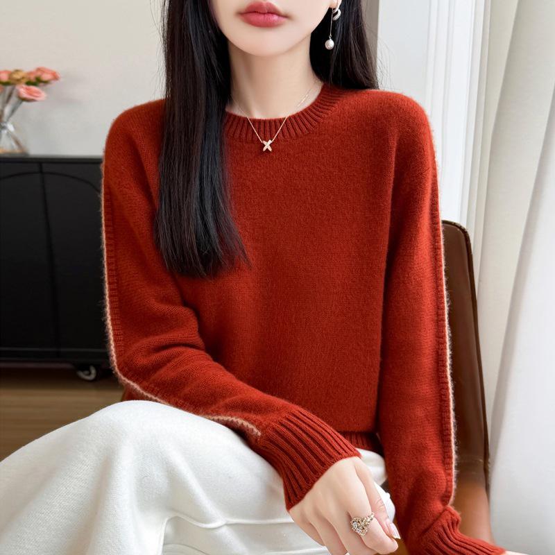 2026 Winter Pure Wool Color Block Knit Sweater - Thick, Double-Ply, Round Neck, Long Sleeve