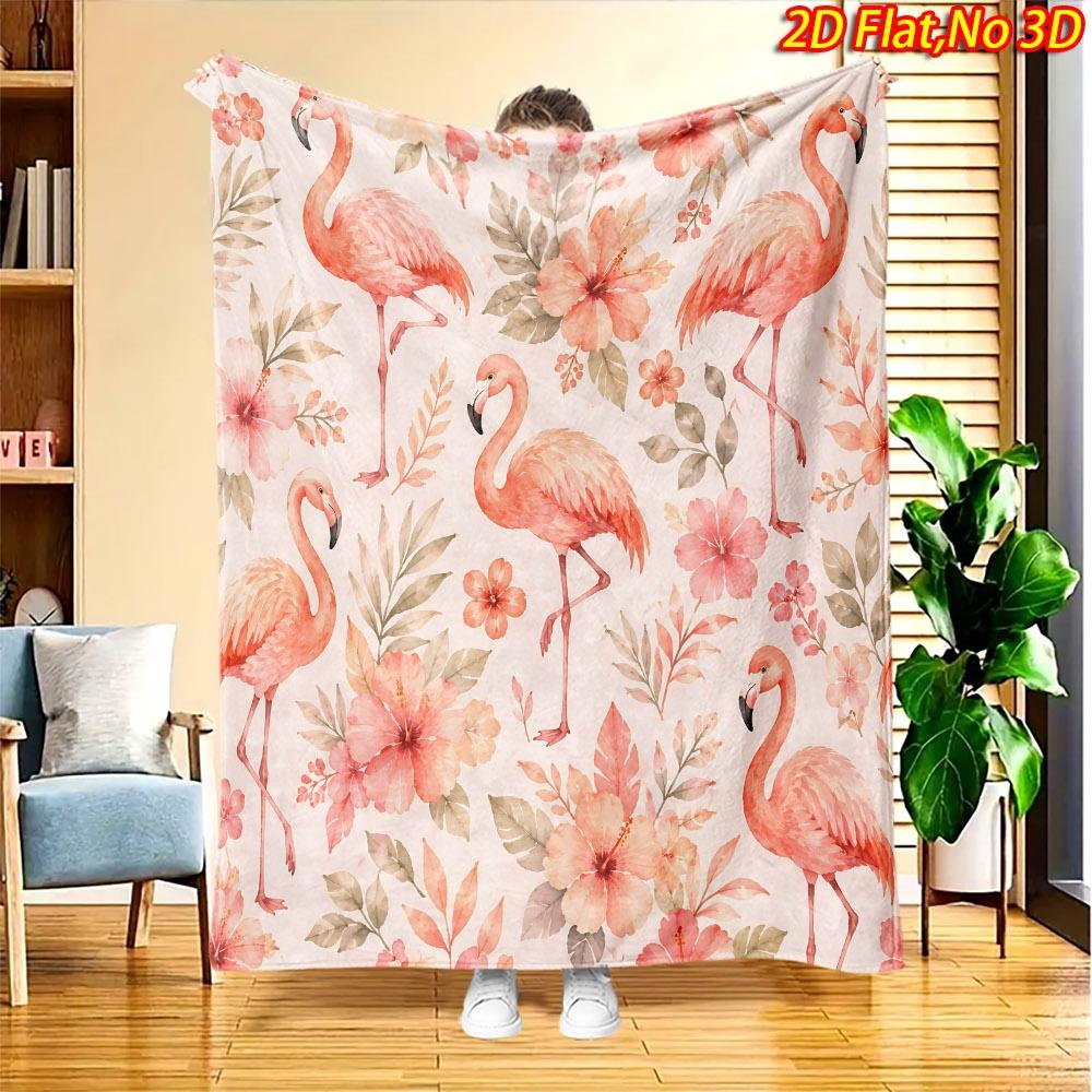 1pc 2D Flat Printing Spring And Summer New Arrival Flamingo Floral Theme Digital Print Blanket, All-Season Use, Casual Throw, 100% Polyester Fiber Sof