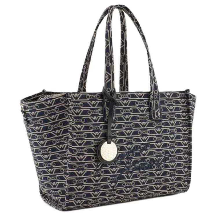 Emporio Armani Classic Printed Pattern Zipper Tote Bag Women Tote Bags Dark-Blue Brown EW000370-AF12993-FB237
