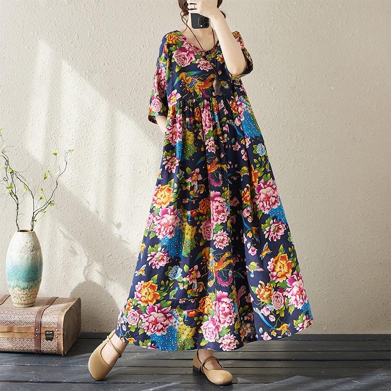 Новые платья из хлопка с короткими рукавами больших размеров и цветочным принтом для женщин, повседневные свободные длинные летние платья