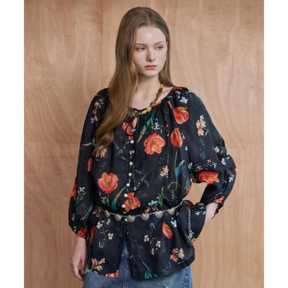 Maxza Flower Pattern Linen Loose Fit Blouse Zf08qb023nh