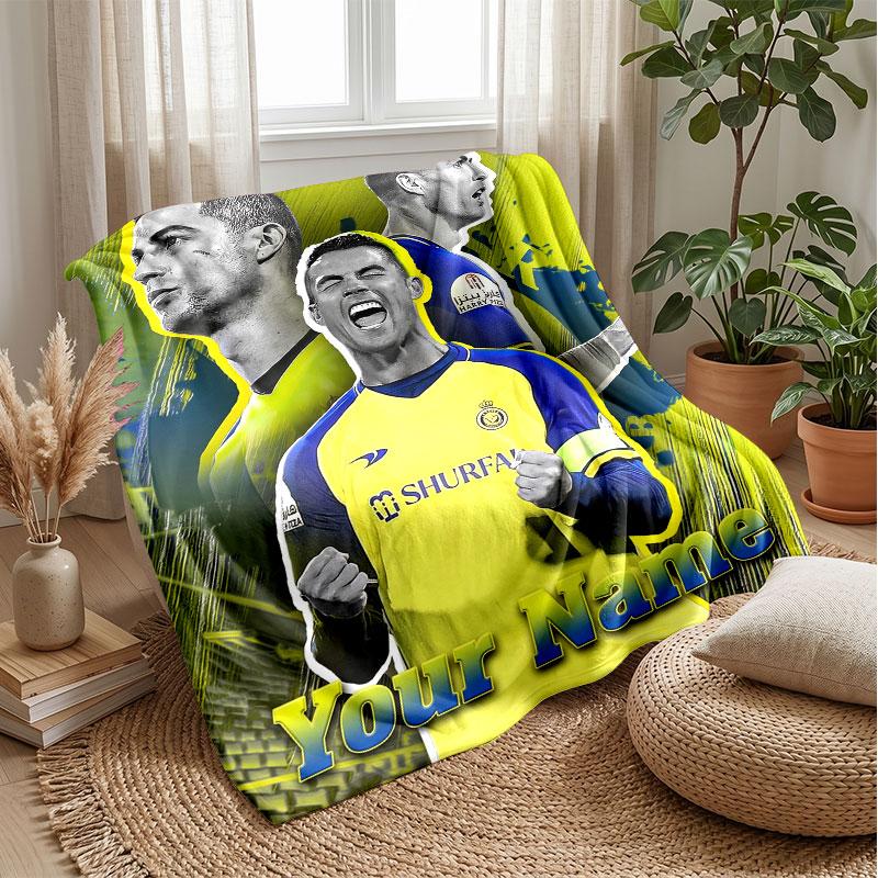 Cristiano Ronaldo Custom Name Text Flannel Blanket Soccer Logo Personalized Fleece Throw Blanket Special Gift For Sofa Bedroom Home