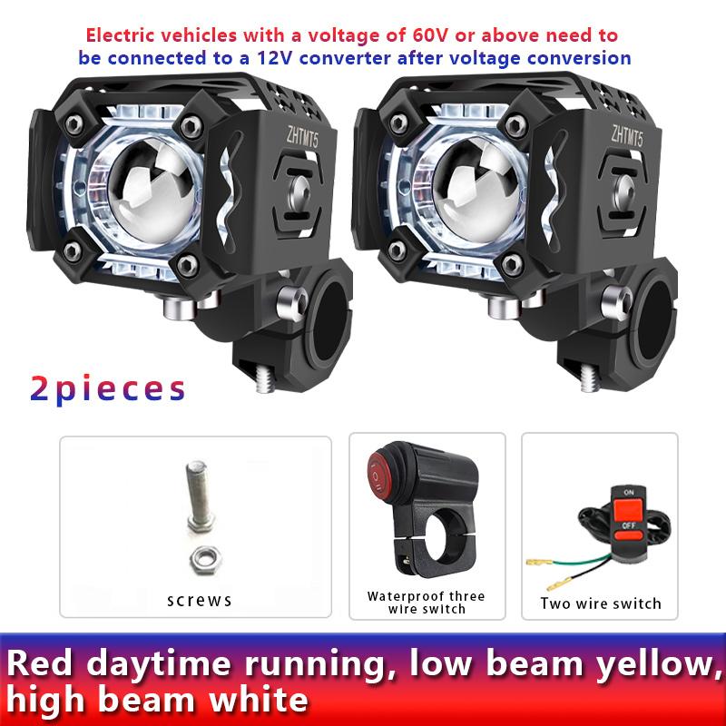 60W Motorcycle LED Spotlight With Red DRL Yellow White High and Low Beam Fog Lights For Car Motorbike Truck Trailer Off-road 12V 24V