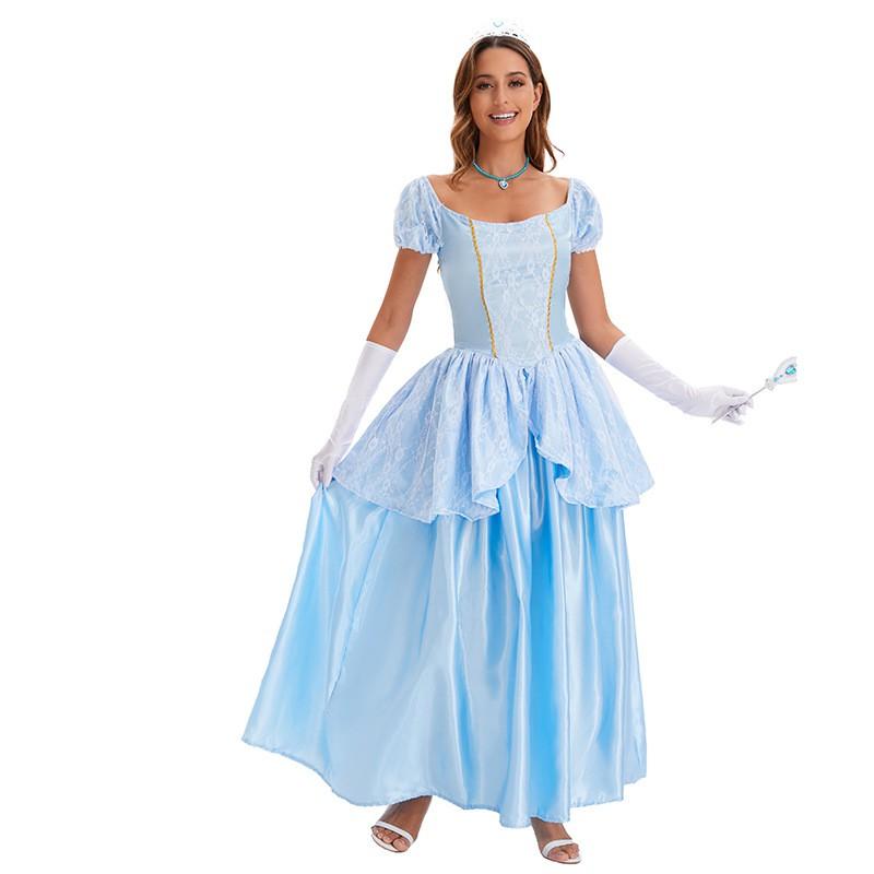 Blue Cinderella Halloween Costume Dress Women Sweet Princess Cosplay Outfit With Gloves