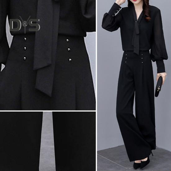 2 шт./комплект OL Commuting Outfit рубашка брюки комплект чистый цвет V-образный вырез длинный рукав блузка высокая талия широкие брюки деловая офисная одежда