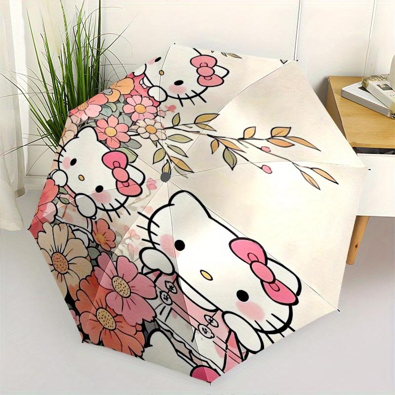 Hello Kitty in the Flowers Automatic Opening and Closing Umbrella - Small Umbrella Suitable for Various Occasions, Portable 3-Fold Small Umbrella for