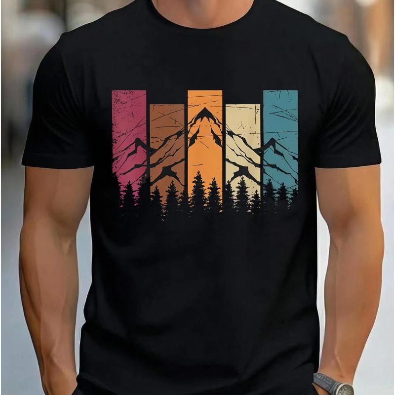 Summer New Men's Retro Color-blocked Mountain Forest Print Short-sleeved T-shirt - Casual Round-neck Versatile Top