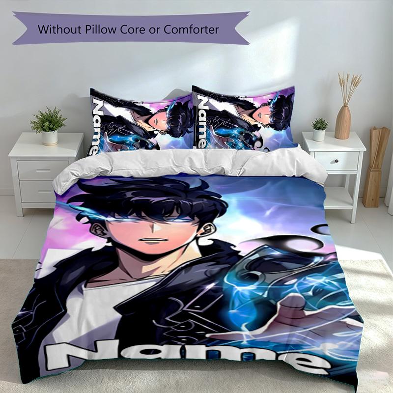 3pcs Custom Name Solo Leveling Bedding Set,Includes 1 Duvet Cover and 2 Pillowcases,All-season Bedroom Decor