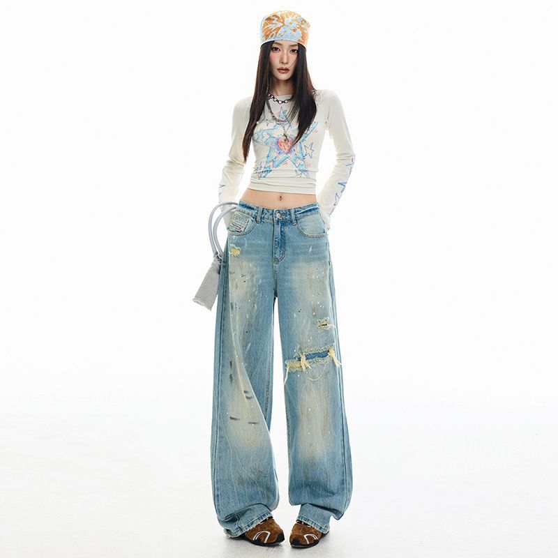 Autumn and winter new American retro washing water random ink splashing graffiti fried color design sense straight jeans women