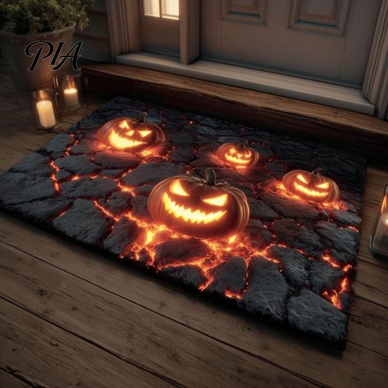 Funny Prank Door Mat 3D Halloween Rug, Optical Illusion Skeleton Realistic Depth Pattern, Gothic Home Accessories Spooky Pumpkin Non-slip for