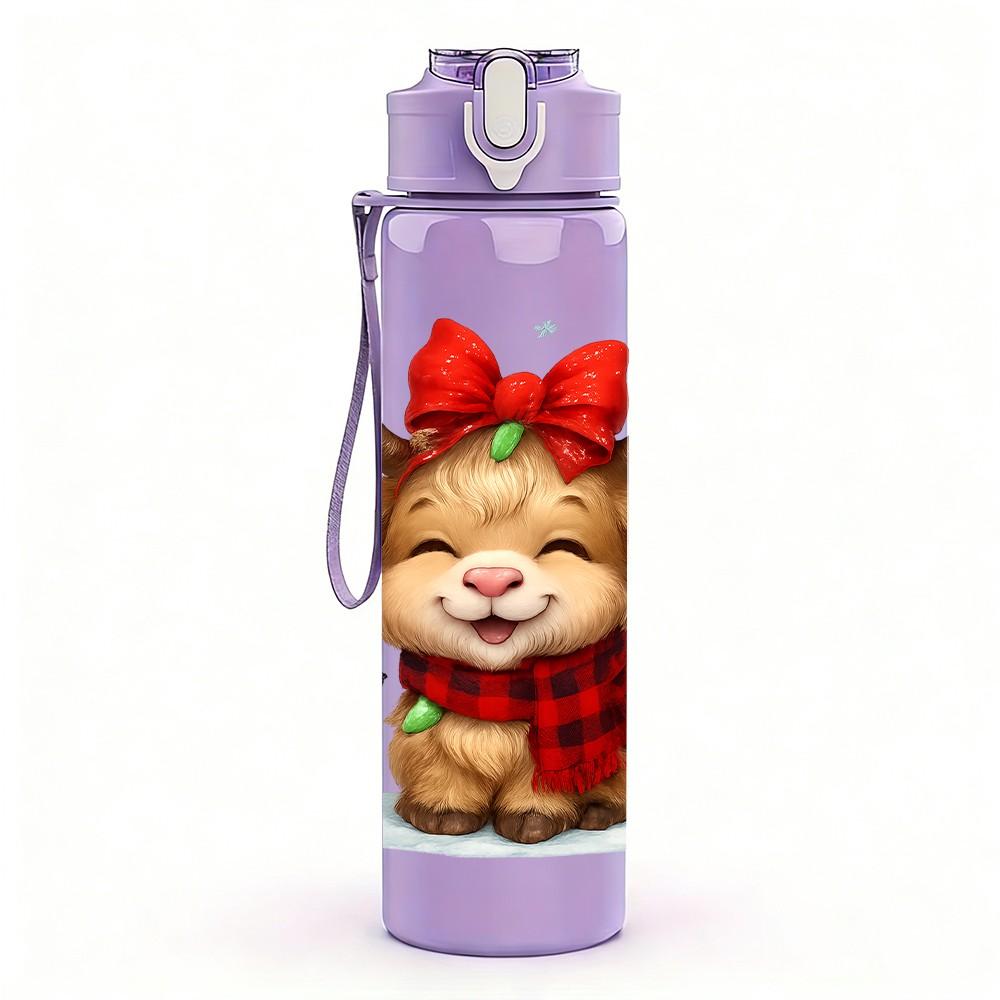 1PC Bow Decor Baby Cow Christmas 750ml Color Plastic Sports Water Bottle Leakproof Flip Straw Lid Suitable for Sports Office Home Use