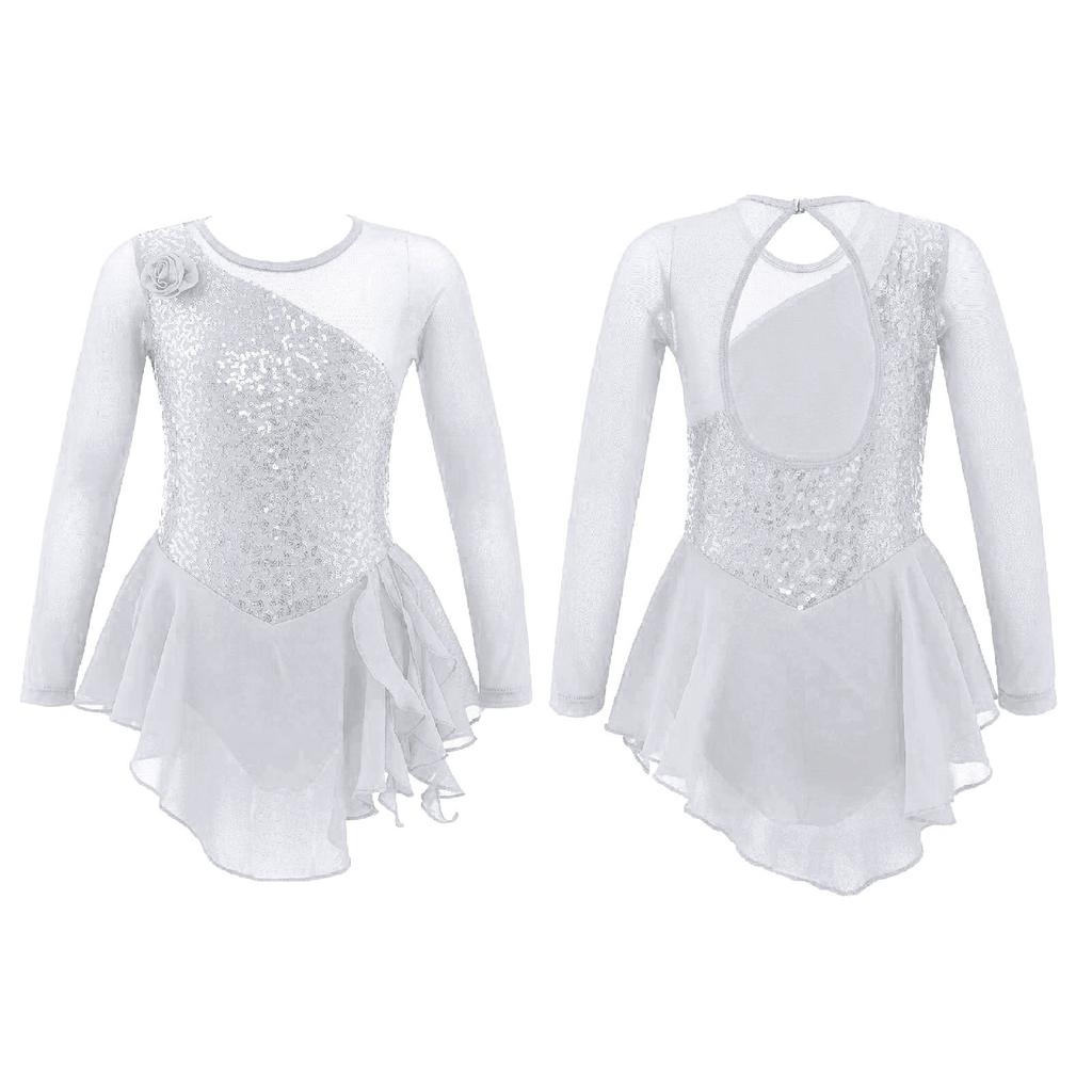 Girls Long Sleeve Mesh Patchwork Style Irregular Sequins Decor Dress Skating Dance Gymnastic Dress