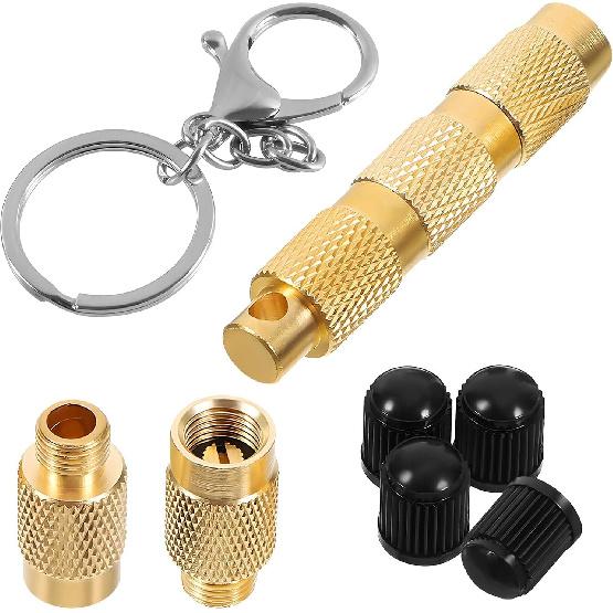 Tire Deflator, 4 in 1 Brass Tire Air Pressure Deflation Valve Kit with Keychain & Valve Caps, Portable Tyre Pressure Relief Device Air Down Tools for