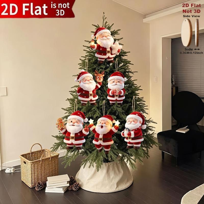 8Pcs Christmas Wooden Hanging Ornaments 2D Flat Santa Gingerbread Penguin Pendants for Holiday Gift Party Decoration