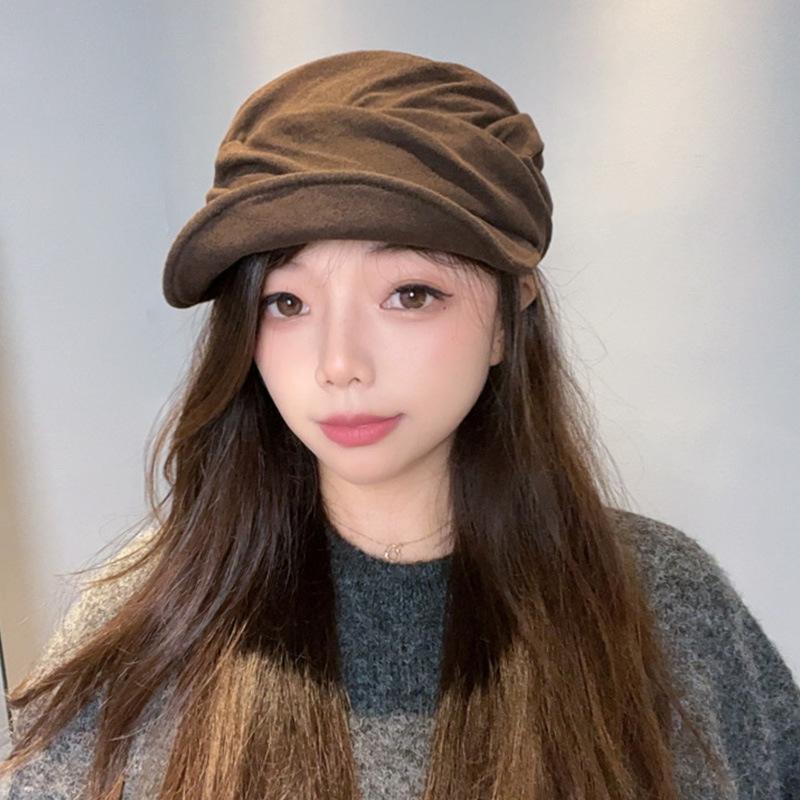 Cotton and linen pleated peaked cap women's autumn and winter warm face small equestrian hat versatile painter newsboy hat