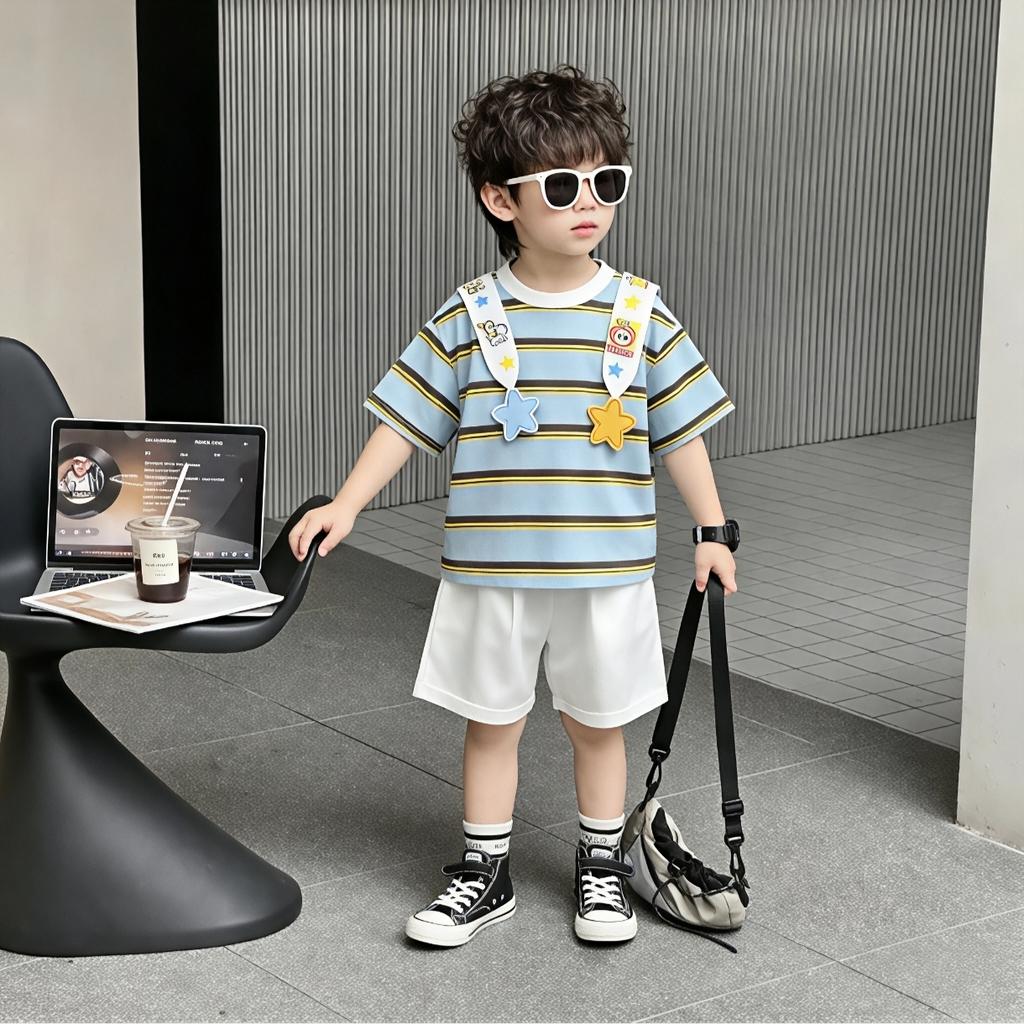 Boys' Summer Set, Western Style, Boys' and Girls' Striped Short sleeved T-shirt, 2026 New Style, Handsome and Casual Summer Dress for Children