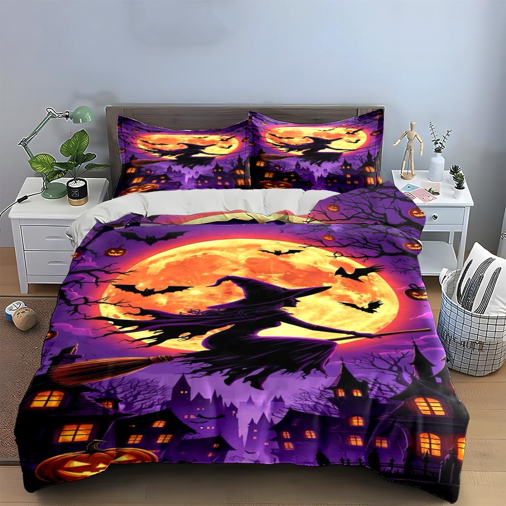 Halloween Witch Flying Over Moon Scene Bedding Set (1 duvet cover, 2 pillowcases, duvet not included) sofas