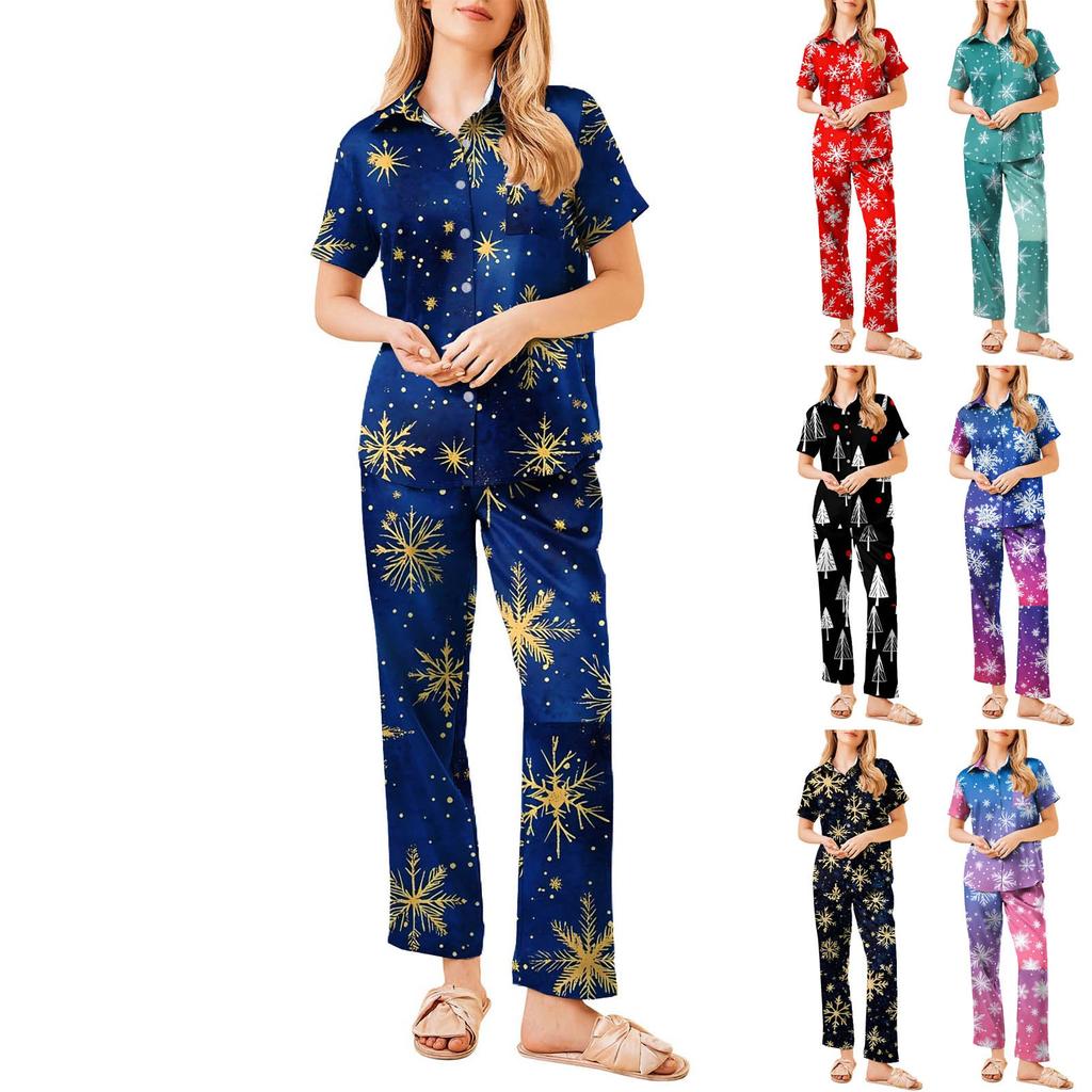 Women's Christmas Print Pajama Set Women's Short Sleeve Long Pants Two-piece Set Button-up Home Clothes