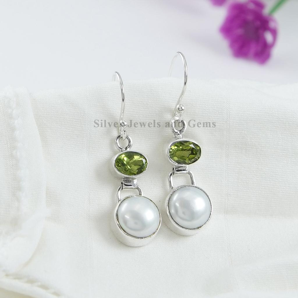 Natural Pearl and Peridot Earring, Handmade Earrings, 925 Sterling Silver Round Fresh Water Pearl Earrings, Gift for Mom, Peridot Earring