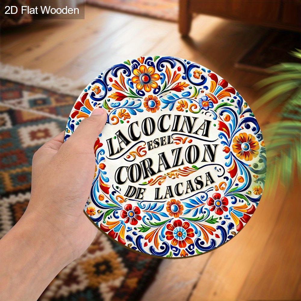 2D Flat Gorgeous Lacocina Round Wooden Sign, Charming Decorative Plaque with Flowers Pattern Design, Ideal for Outdoor, Lawn, Home Decor
