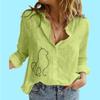 Women Fashion Cotton Linen Shirt Ladies Stand Collar Print Top Casual Buttoned Long Sleeved Blouse