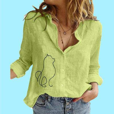 Женская мода хлопок льняная рубашка женская стойка-воротник принт топ повседневная застегивающаяся на пуговицы блузка с длинным рукавом