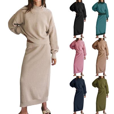 Женский комплект из свитера с длинным рукавом и высоким воротником, вязаное платье-карандаш, комплект из двух предметов