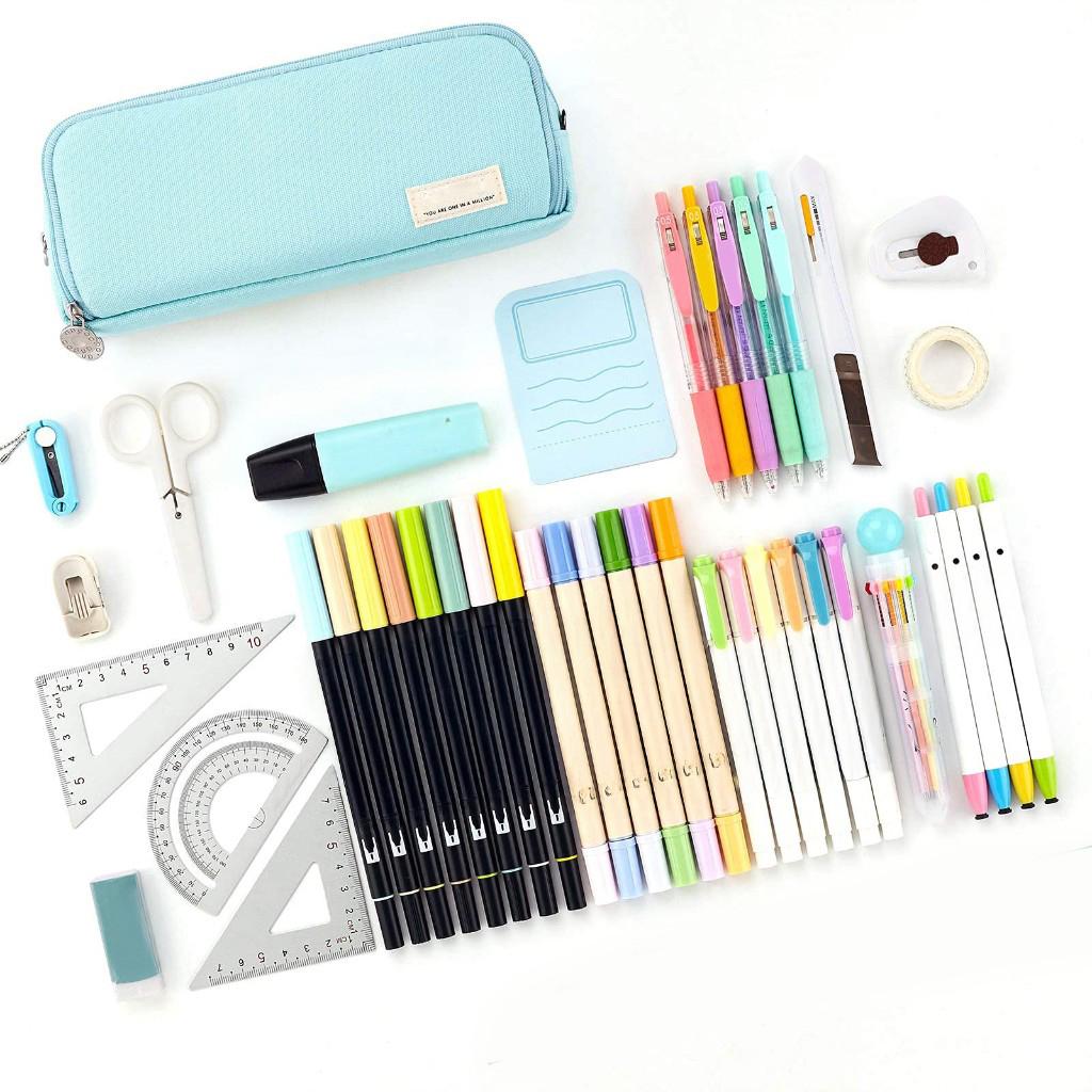 Large Capacity Pencil Case 3 Compartment Pouch Pen Bag for School Teen Girl Boy Men Women,Light Blue
