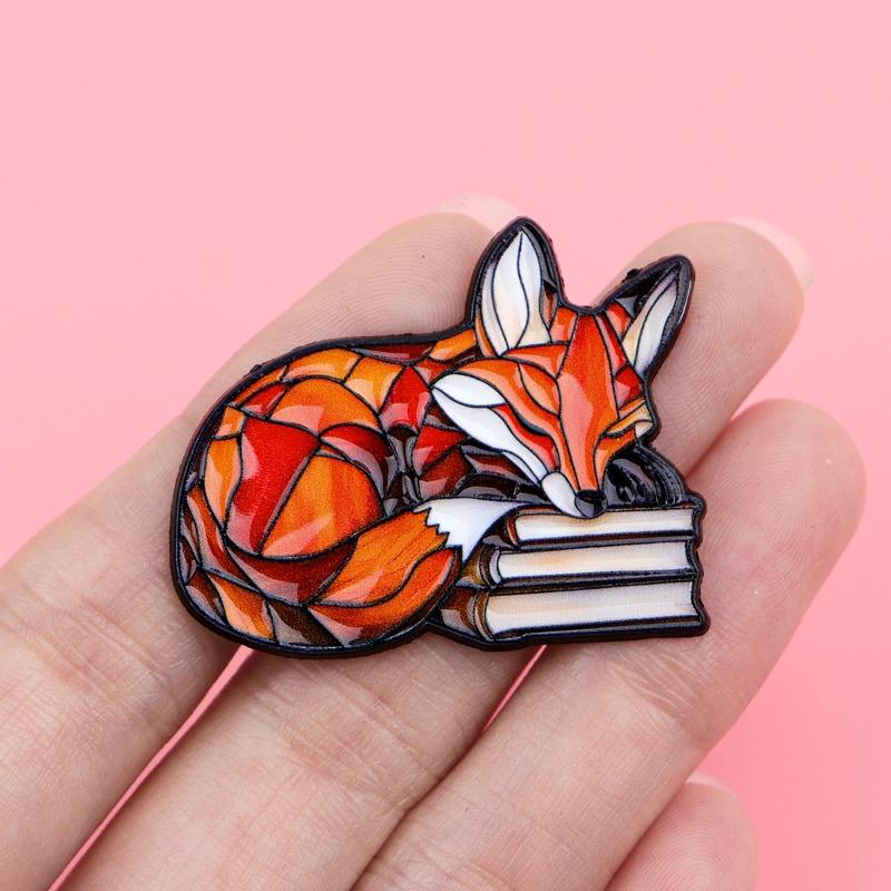 Sleeping Fox Enamel Pin for Kids Book Lover Fox Brooch Stained Glass Texture Animal Lapel Pin Bag Charm Bookish Jewelry