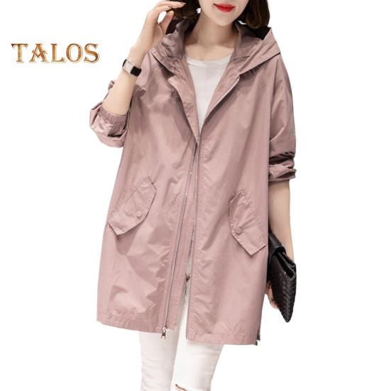 Осень-весна женское пальто с капюшоном на молнии с длинными рукавами Свободный кардиган на шнурке Пальто средней длины с карманами Тонкая повседневная одежда Рабочая уличная ветровка