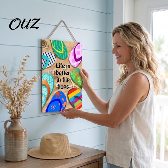 Summer Theme Wall Decoration Beach Wooden Hanging Sign, Double?Sided Flip?Flop Inspired Plaque with Rope, Coastal Holiday Home Porch Door