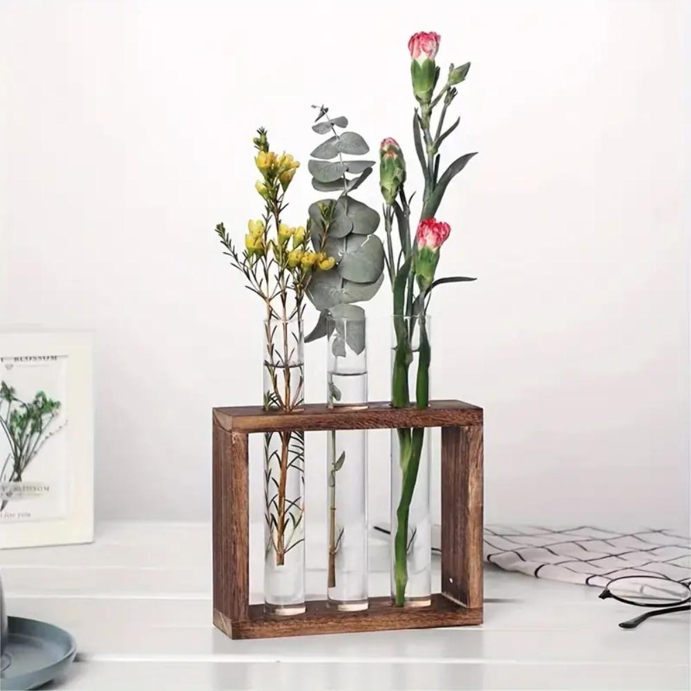 Wood Frame Test Tube Vases Transparent Glass Glass Planter Hydroponic Plants Container  Home Decor
