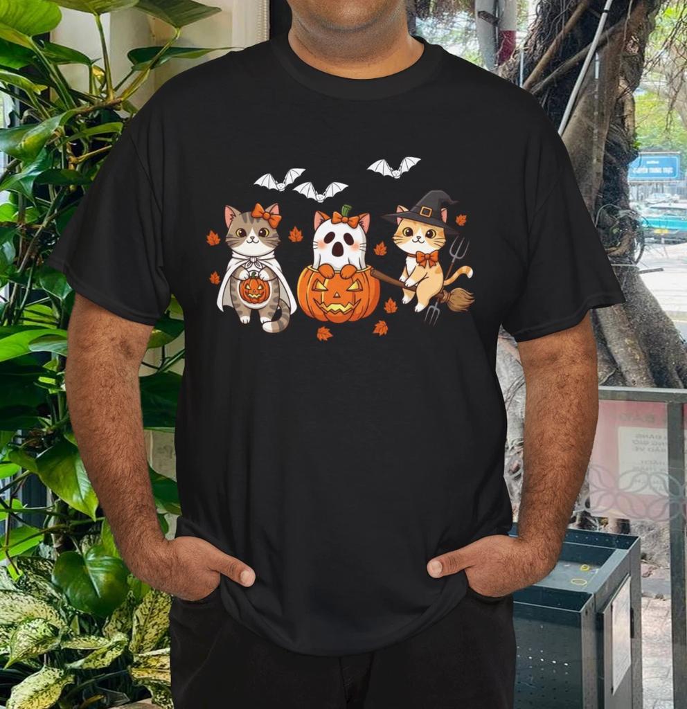 Men's and Women's T-shirts Halloween Cute Cats, Spooky Season Gifts, Halloween T-Shirt