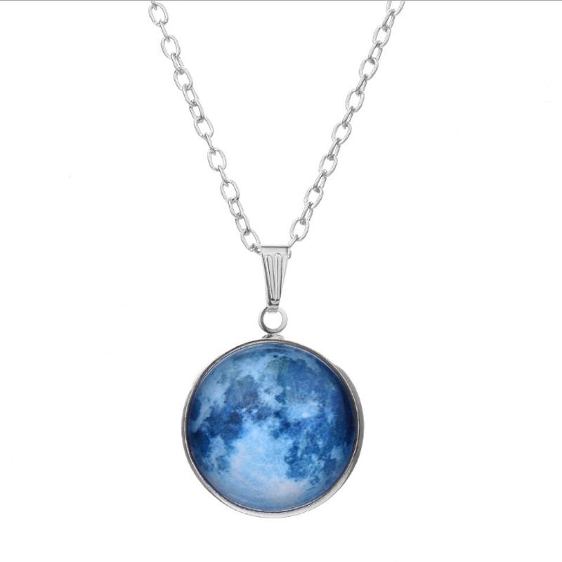 Серебряное бронзовое покрытие, модное стеклянное подарочное кабошон, подвеска в виде Луны, цепочка, светится в темноте, ожерелье с планетой галактики, новое звездное небо, унисекс, 1 шт., Вселенная