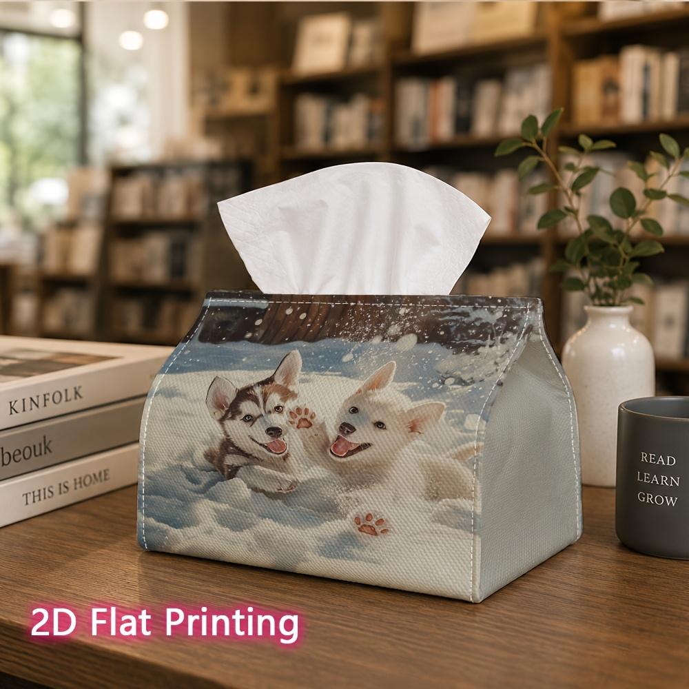 1pc, 2D Flat Printing, Tissue Box Snowy Fun: Two Husky Puppies Playing with Patterns Printed Tissue Box, Suitable for Bathrooms, Living Rooms, Bedroom