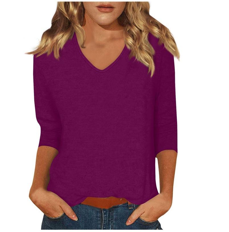 Women's Daily Versatile Casual V-Neck Solid Color Seven-Sleeve T-Shirt Top