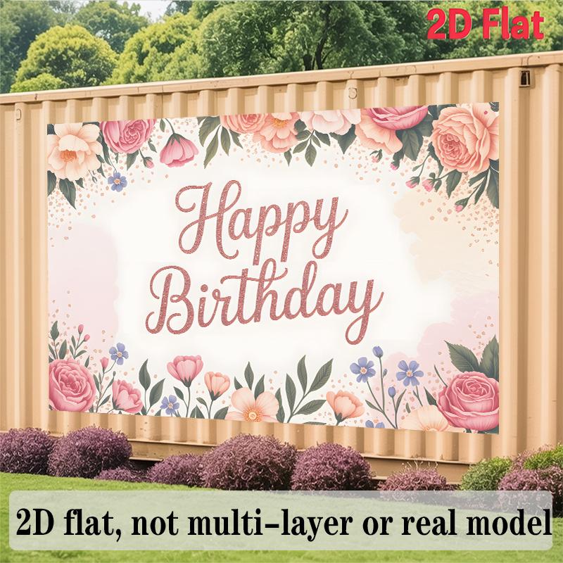 Pink Watercolor Birthday Banner, Romantic Floral Backdrop Wall Decor for Party