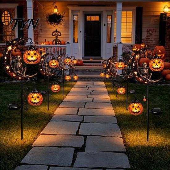 Solar Halloween Garden Lights White Ghost Pumpkin Moon Stake Light, Waterproof LED Autumn Festival Pathway Ornaments Yard Decoration,