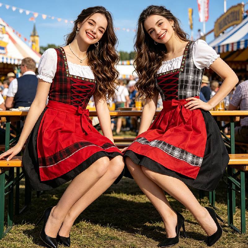 Oktoberfest Costume Women Retro Red Black Tartan Dress For Halloween Event