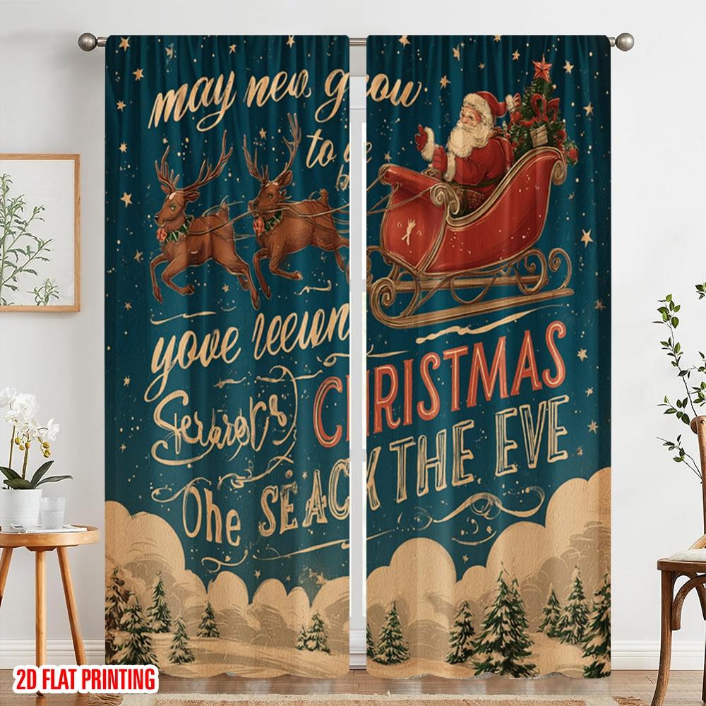 2pcs,2D plane printing Popular Curtain Panels Santa Sleigh & Snowflakes Polyester Fabric (without rod) Holiday for Bedroom,