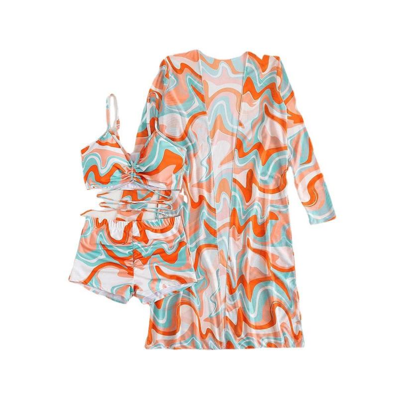 Swimsuit Women's Split Three Piece Set High Waist Long Sleeve Ins Overshirt Drawstring Printed Bikini Suits